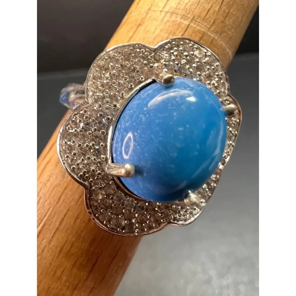 NEW Ceruleite and zircon blossom ring in rhodium over sterling silver size 8